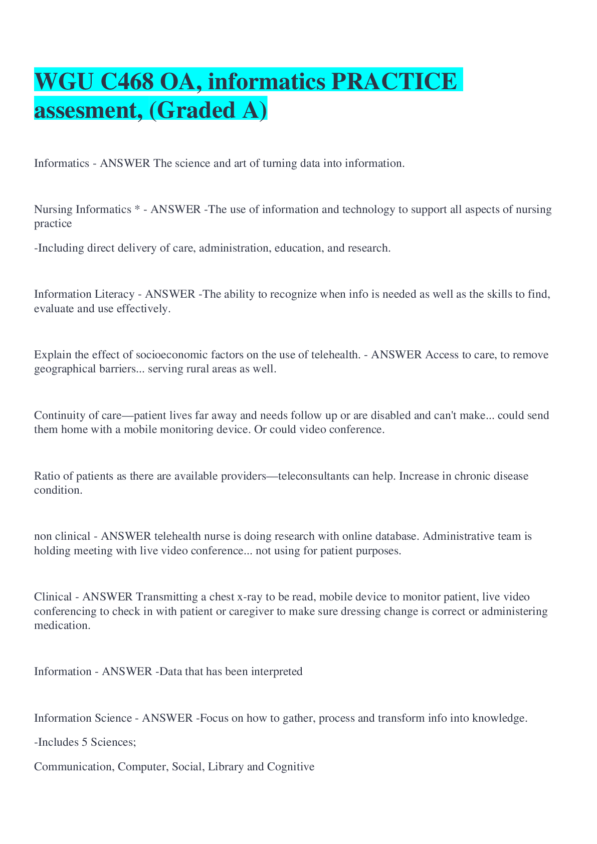 Preview image for WGU C468 OA, informatics PRACTICE assesment, (Graded A)